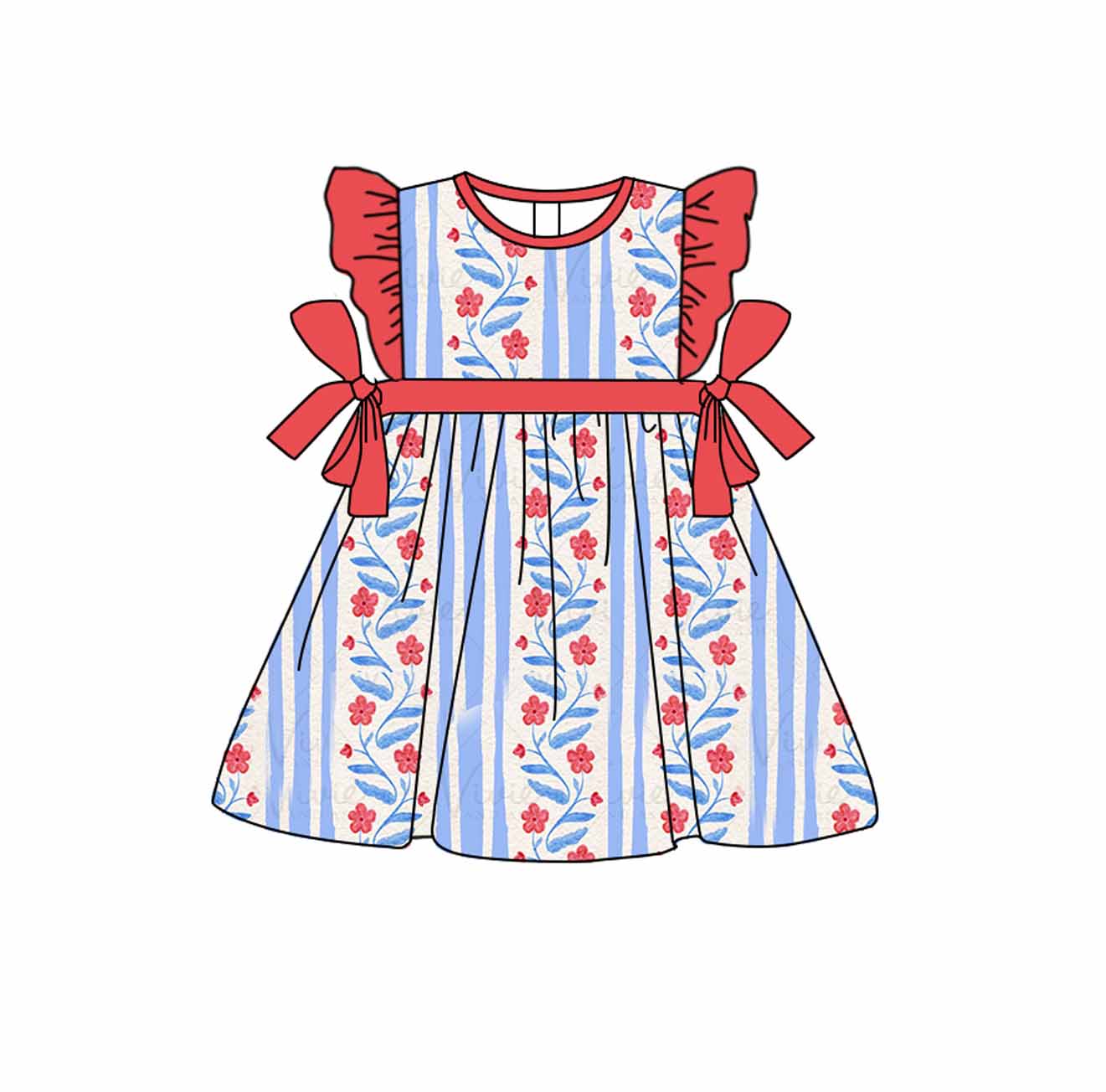 Baby Girls Blue Stripes Flowers Bows Knee Length Dresses Preorder