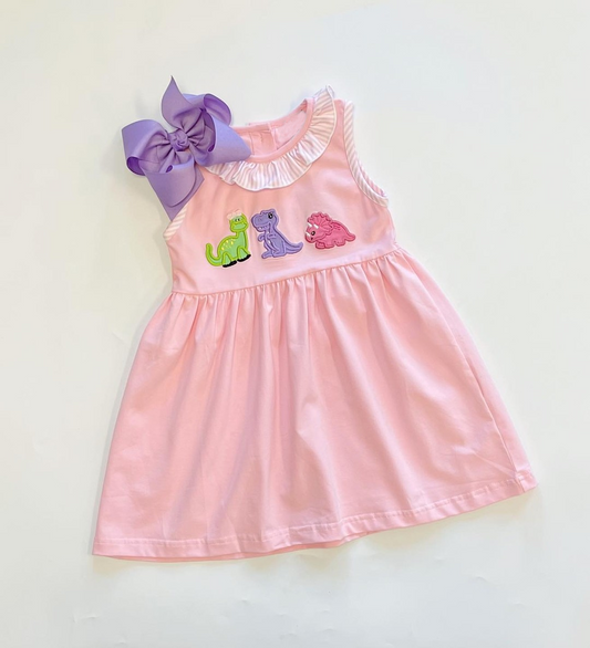 Baby Girls Pink Ruffle Dinosaurs Knee Length Dresses Preorder