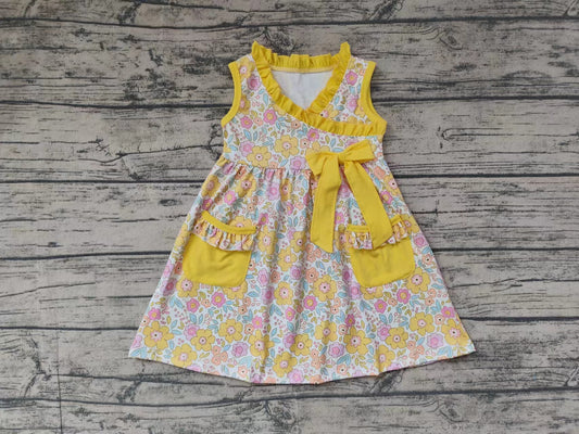 Baby Girls Yellow Small Flowers Bow Pockets Knee Length Dresses