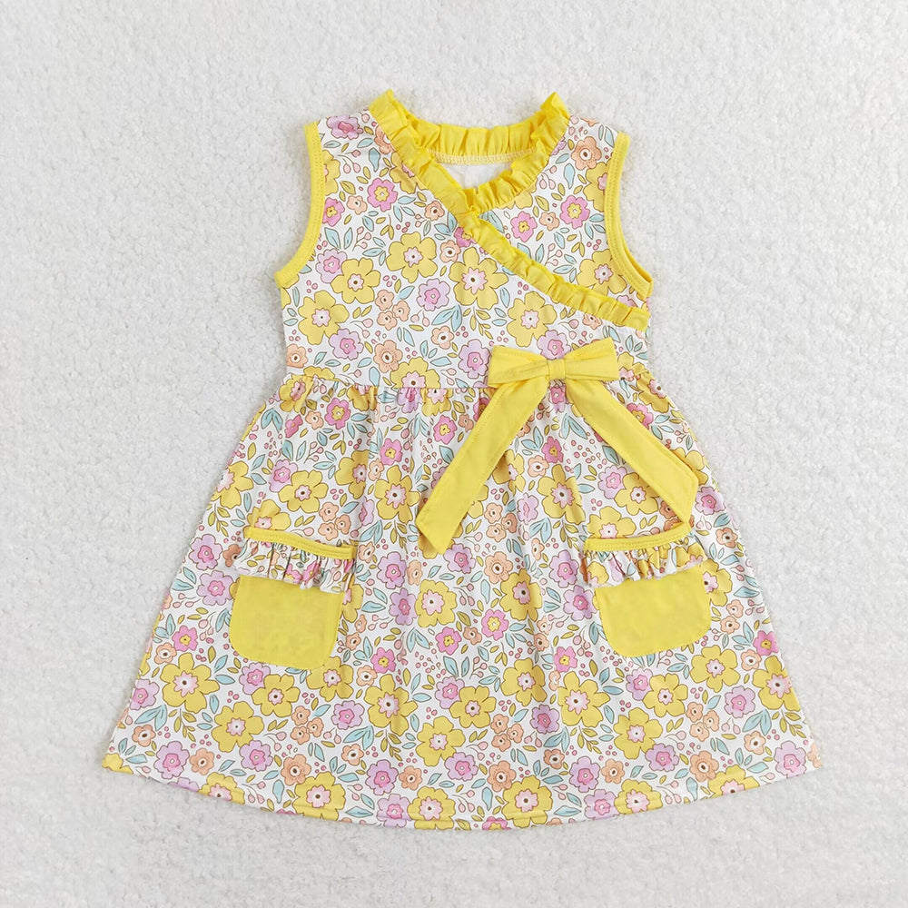 Baby Girls Yellow Small Flowers Bow Pockets Knee Length Dresses