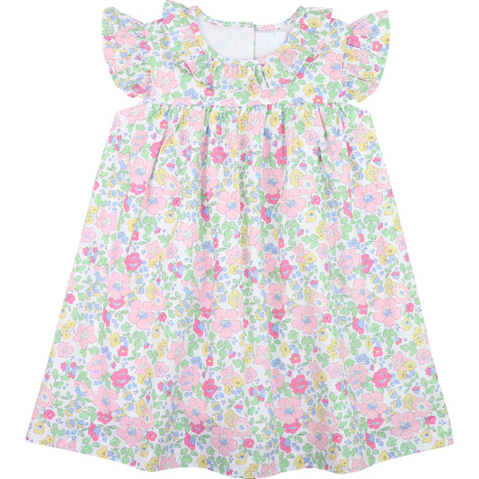 Baby Girls Pink Small Flowers Flutter Sleeve Knee Length Dresses Preorder