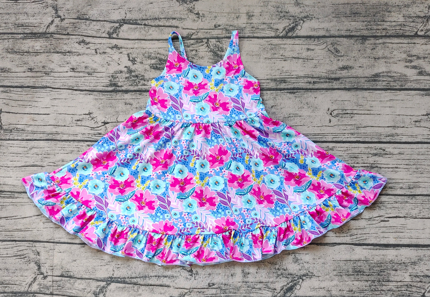 Baby Girls Pink Blue Flowers Straps Ruffle Knee Length Dresses