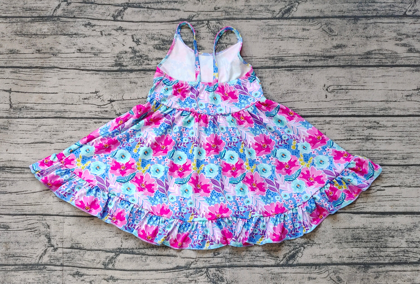 Baby Girls Pink Blue Flowers Straps Ruffle Knee Length Dresses