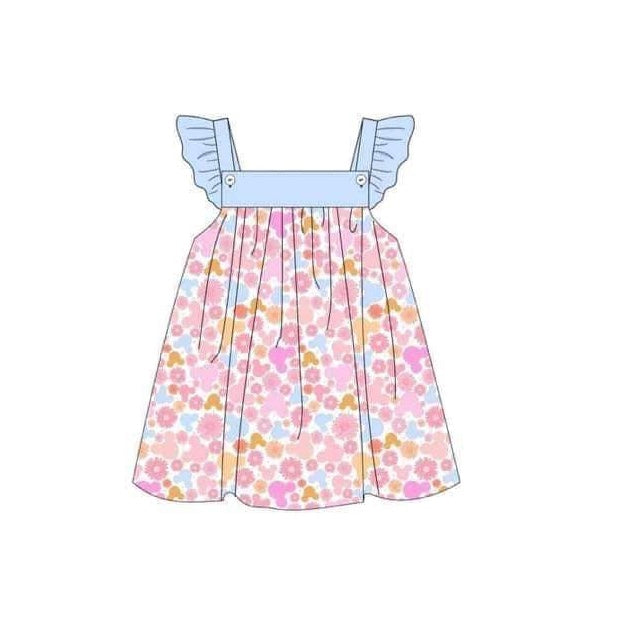 Baby Girls Pink Small Flowers Flutter Sleeve Knee Length Dresses Preorder