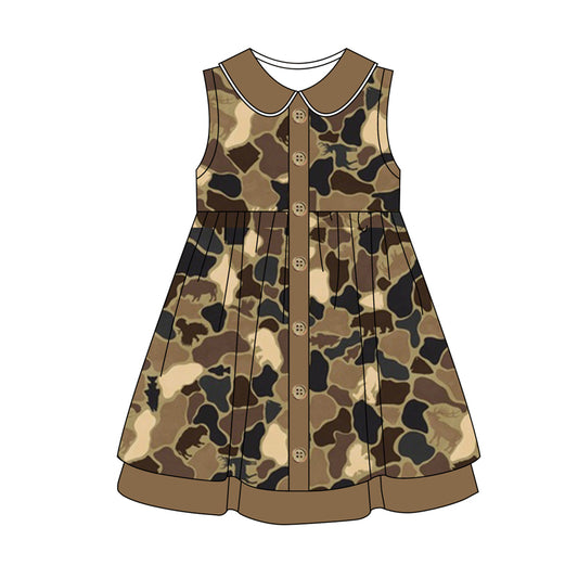 Baby Girls Brown Camo Sleevless Buttons Knee Length Dresses Preorder