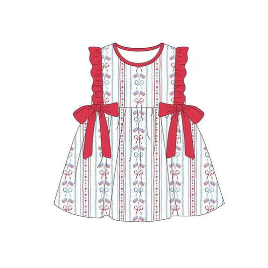Baby Girls Red Bows Flag Ruffle 4th Of July Knee Length Dresses Preorder