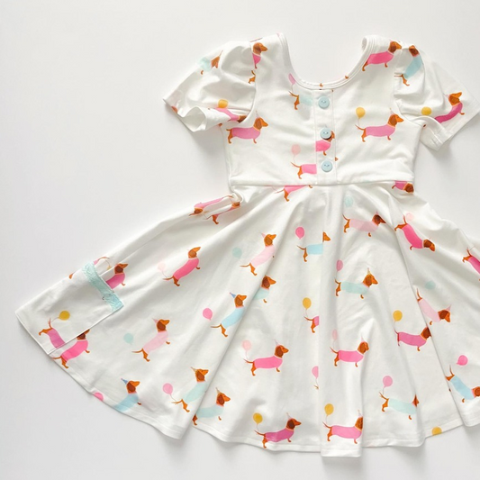 Baby Girls Birthday Dog Pocket Ruffle Knee Length Dresses Preorder