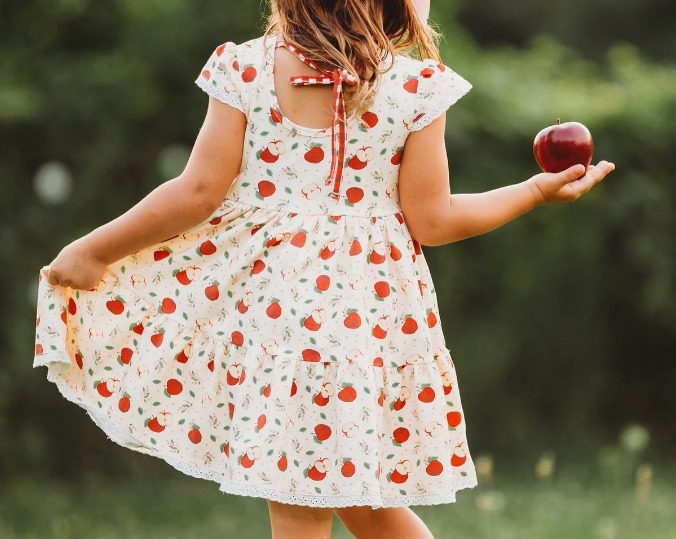 Baby Girls Short Sleeve Apples Back To School Knee Length Dresses Preorder