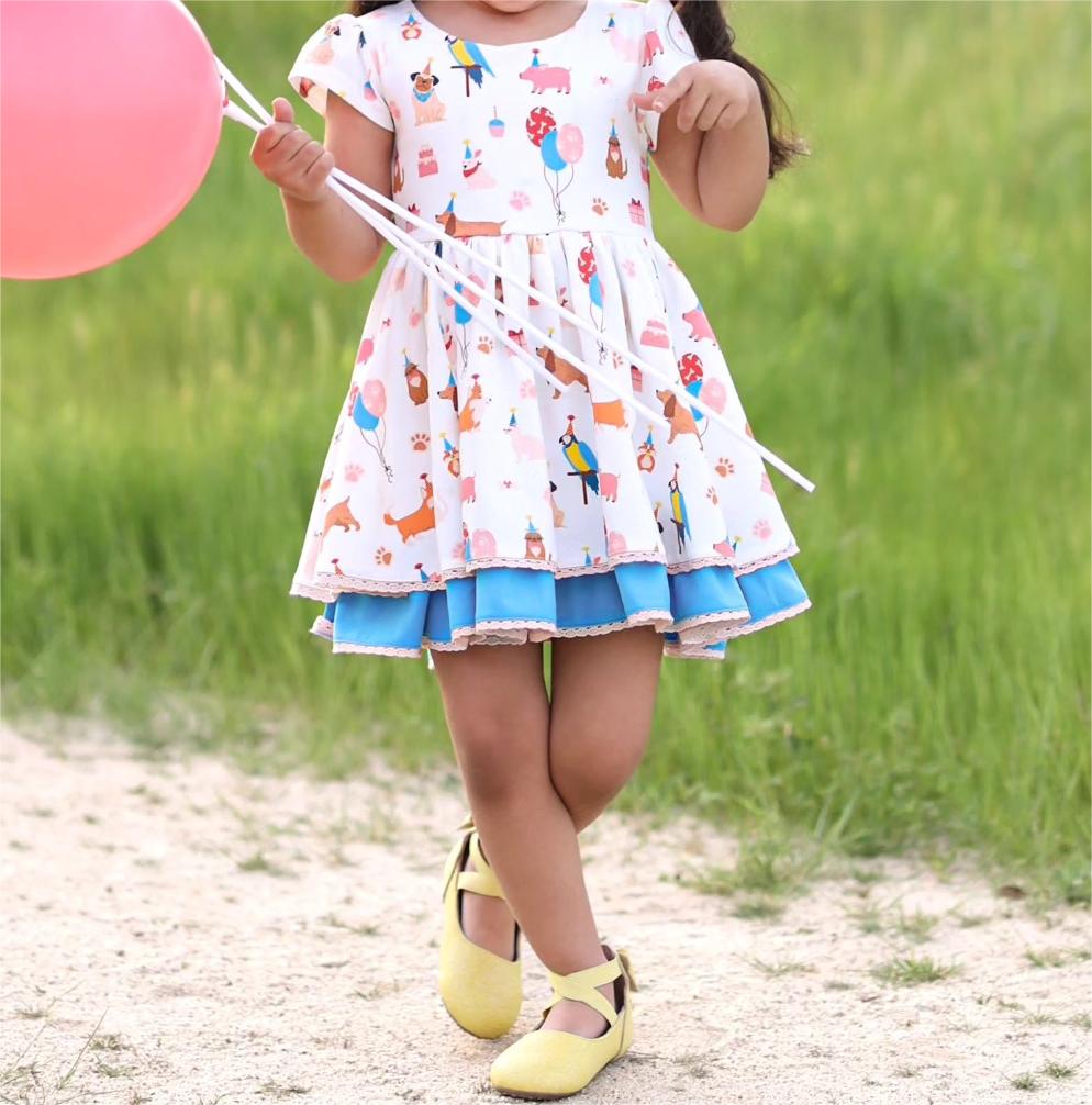 Baby Girls Short Sleeve Birthday Dogs Balloons Knee Length Dresses Preorder