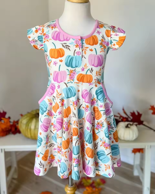 Baby Girls Flutter Sleeve Colorful Pumpkins Knee Length Dresses Preorder