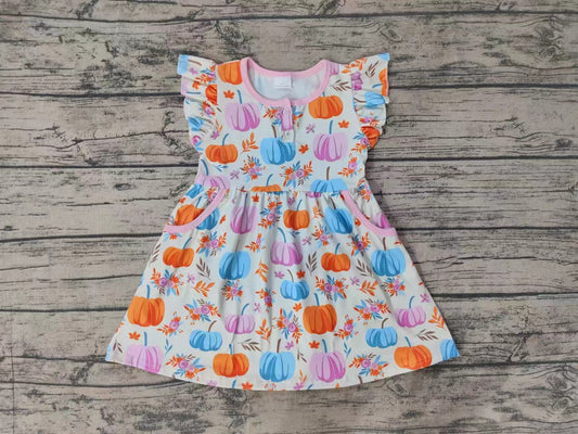 Baby Girls Flutter Sleeve Colorful Pumpkins Knee Length Dresses