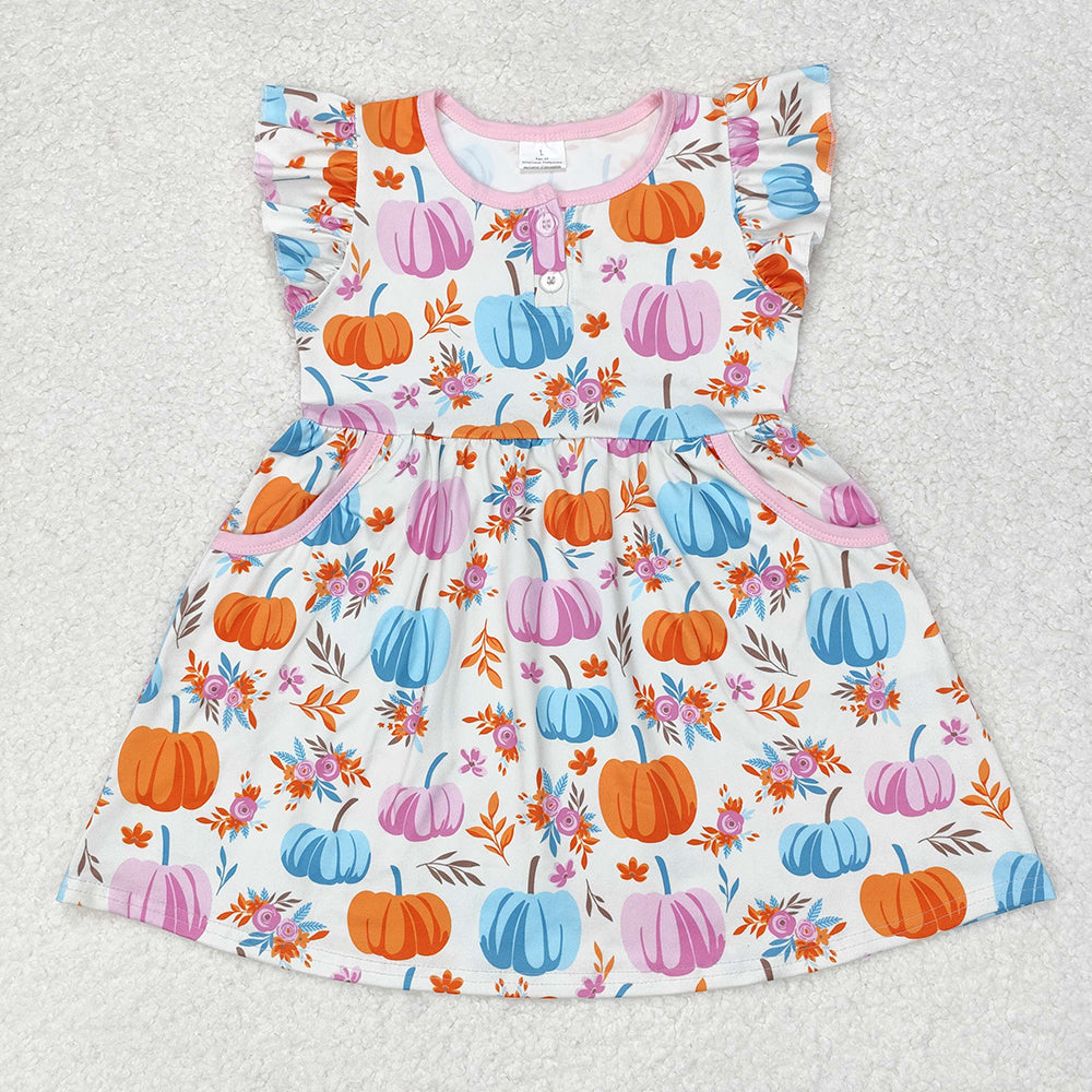 Baby Girls Flutter Sleeve Colorful Pumpkins Knee Length Dresses