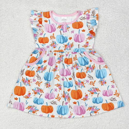 Baby Girls Flutter Sleeve Colorful Pumpkins Knee Length Dresses