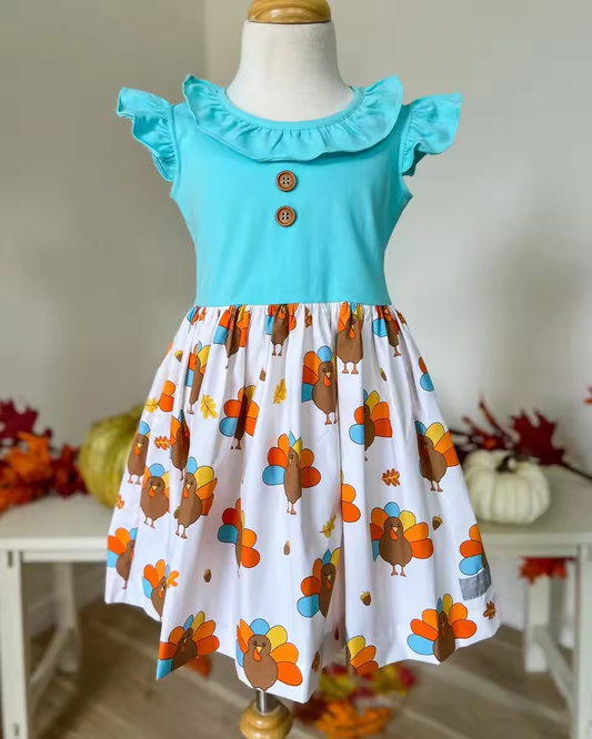 Baby Girls Thanksgiving Flutter Sleeve Turkey Knee Length Dresses Preorder