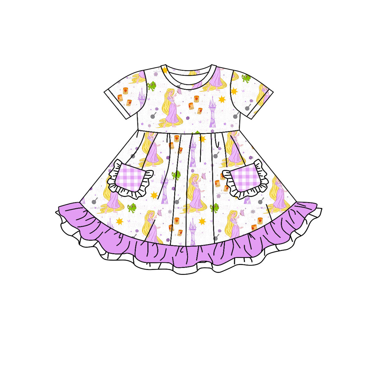 Baby Girls Princess Frog Pockets Ruffle Knee Length Dresses Preorder