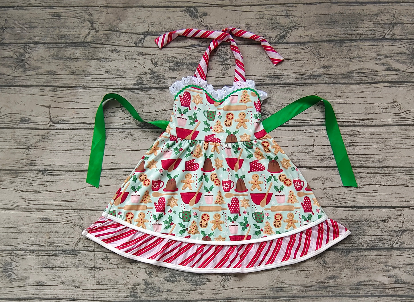 Baby Girls Christmas Gingerbread Belt Halter Knee Length Dresses