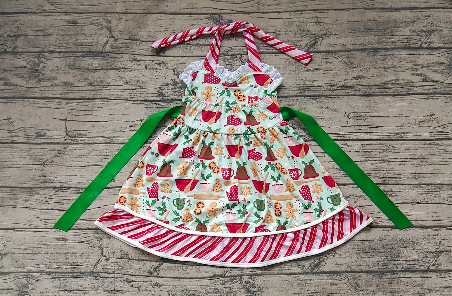 Baby Girls Christmas Gingerbread Belt Halter Knee Length Dresses