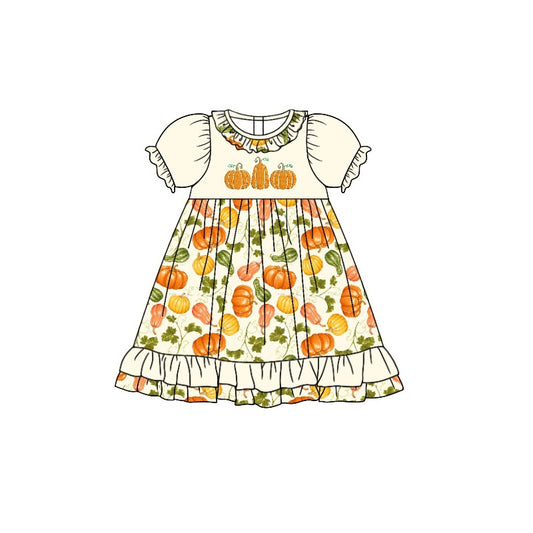 Baby Girls Pumpkin Leaves Ruffle Knee Length Dresses Preorder