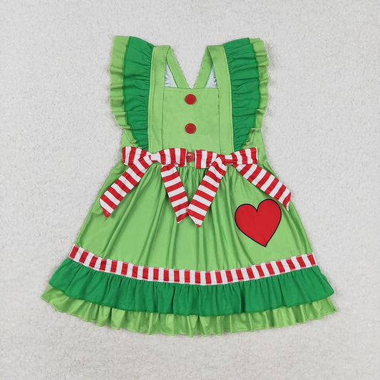 Baby Girls Christmas Green Hearts Bows Ruffle Knee Length Dresses