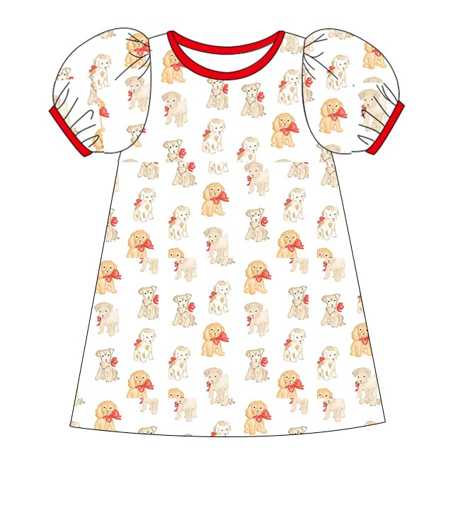 Baby Girls Cute Dogs Red Short Sleeve Knee Length Dresses Preorder