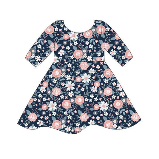 Baby Girls Flowers Navy Pink Knee Length Dresses Preorder