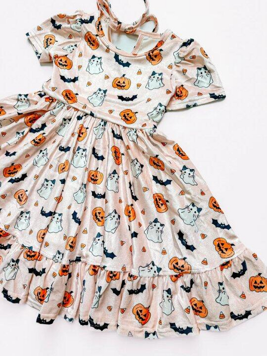 Baby Girls Halloween Ghost Pumpkins Knee Length Dresses Preorder