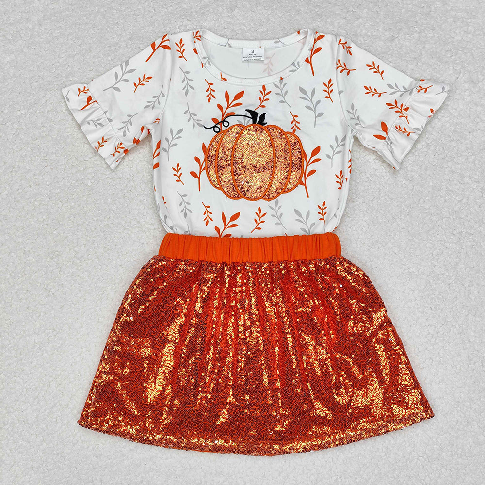 Baby Girls Pumpkin Shirt Sequin Skirts Clothes Sets