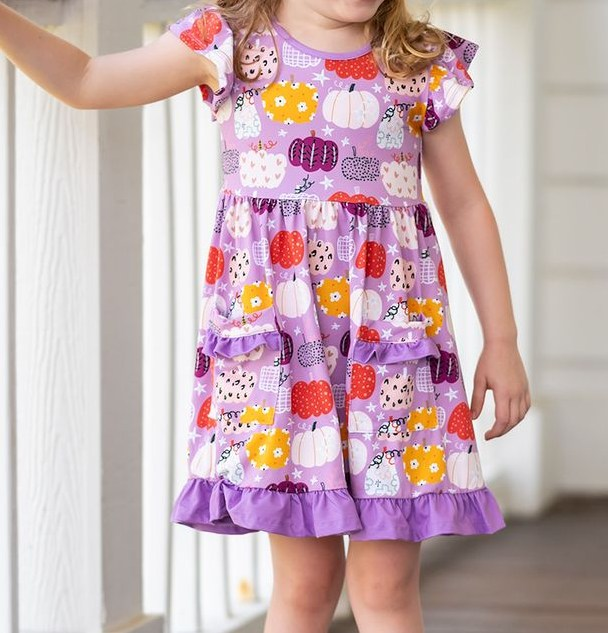 Baby Girls Purple Colorful Pumpkins Knee Length Dresses Preorder