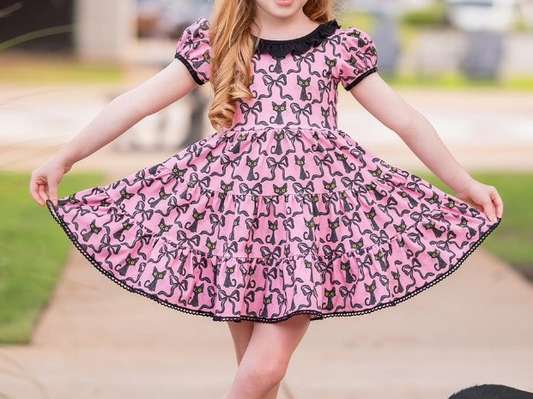 Baby Girls Black Cats Bows Knee Length Dresses Preorder