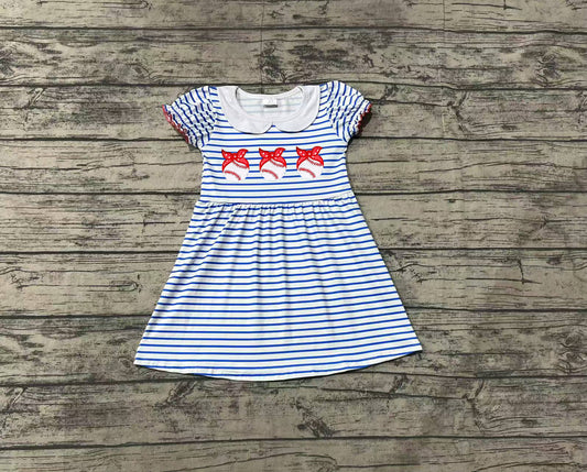 Baby Girls Blue Stripes Baseball Bows Knee Length Dresses Preorder