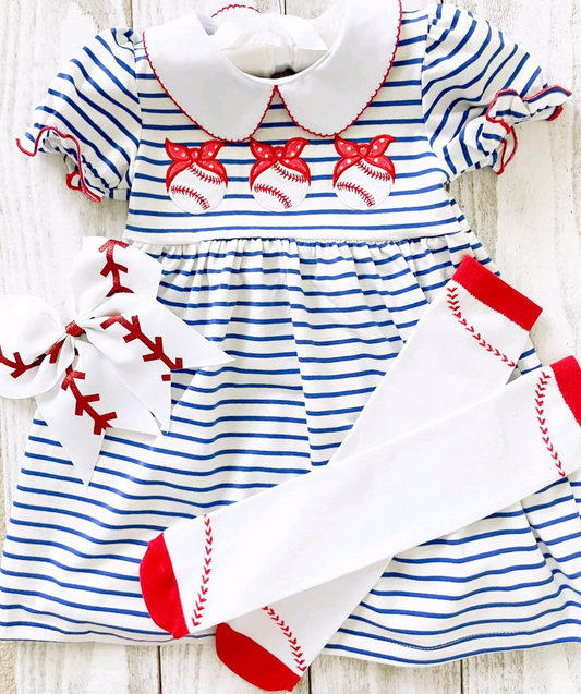 Baby Girls Blue Stripes Baseball Bows Knee Length Dresses Preorder