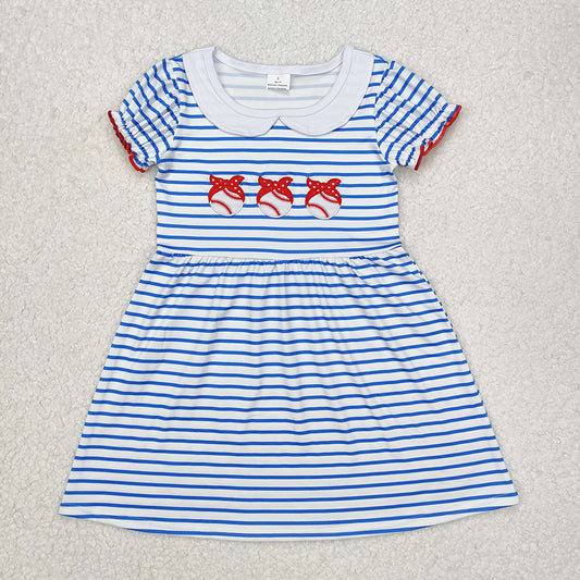 Baby Girls Blue Stripes Baseball Bows Knee Length Dresses