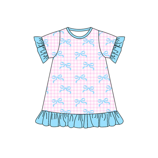 Baby Girls Pink Checkered Bows Ruffle Knee Length Dresses Preorder