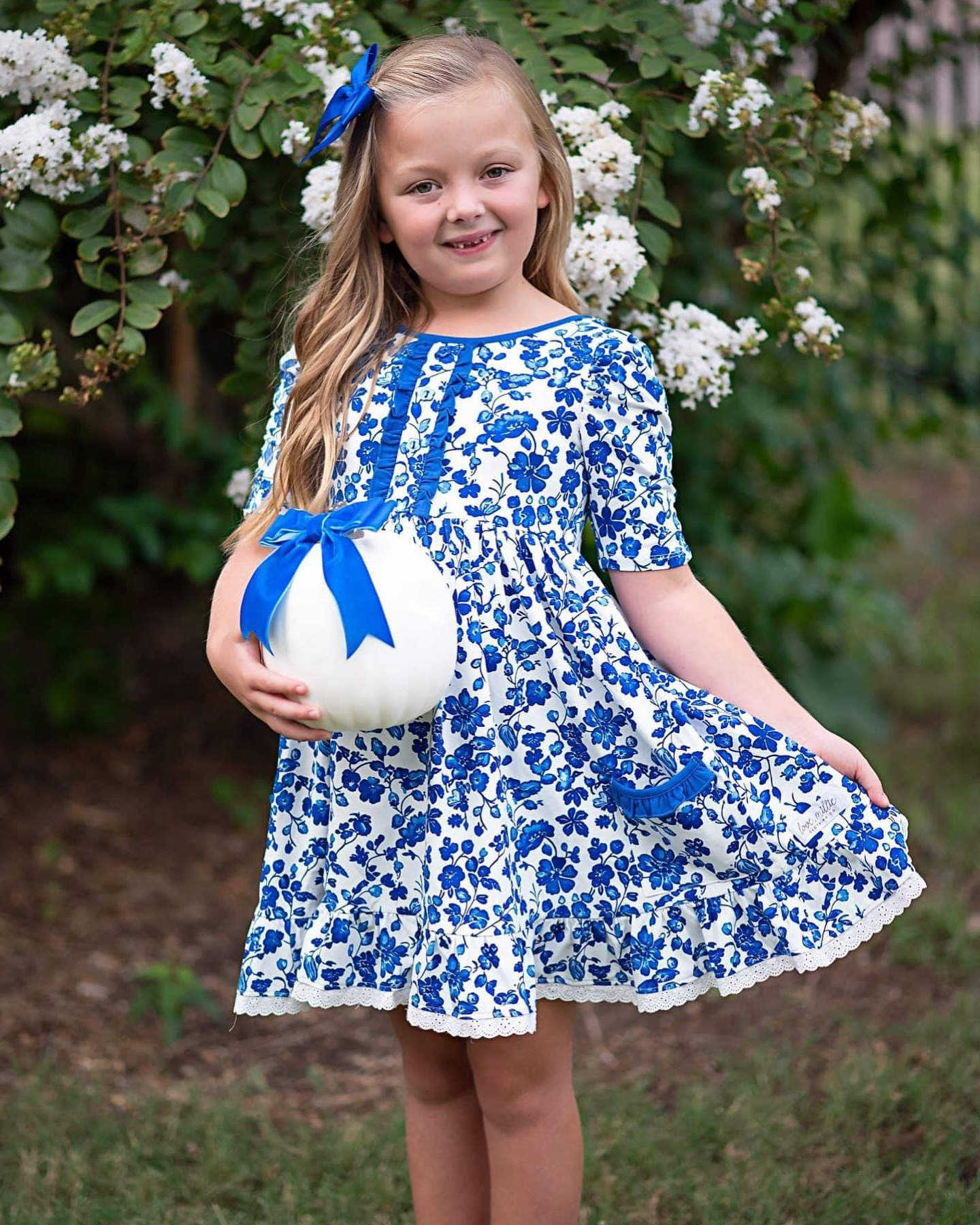 Baby Girls Blue Flowers Pockets Knee Length Dresses Preorder