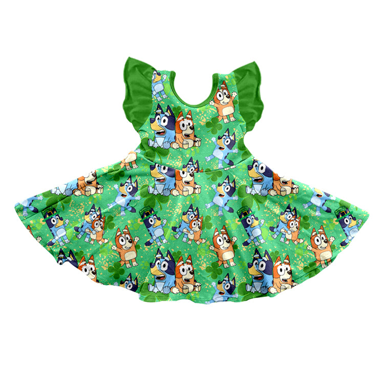 Baby Girls St Patrick Day Dogs Flutter Sleeve Knee Length Dresses Preorder