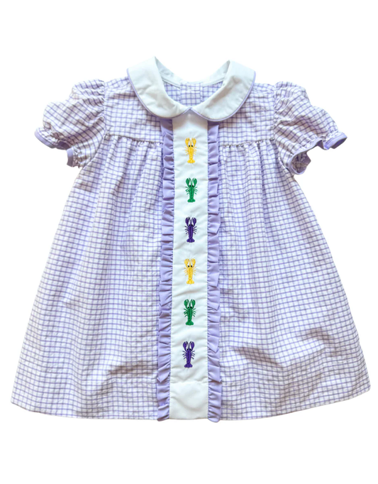 Baby Girls Mardi Gras Lavender Checkered Crawfish Knee Length Dresses Preorder