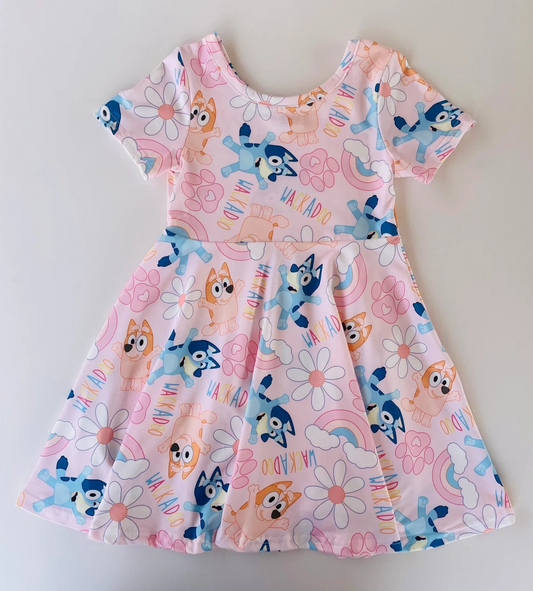 Baby Girls Pink Dog Flowers Knee Length Dresses Preorder