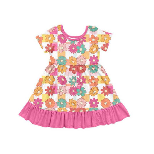 Baby Girls Colorful Flowers Checkered Knee Length Dresses Preorder