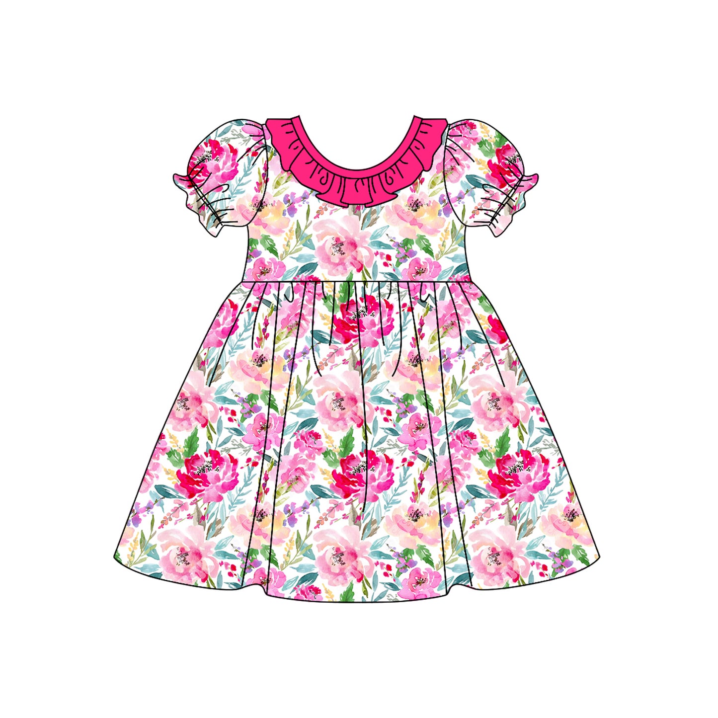 Baby Girls Pink Flowers Leaves Knee Length Dresses Preorder