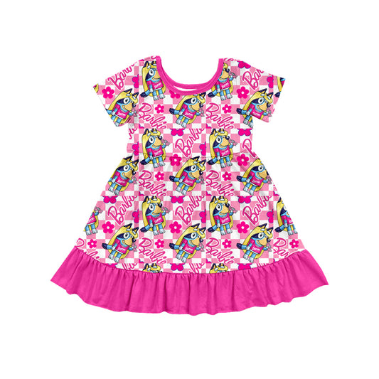 Baby Girls Pink Dog Doll Checkered Knee Length Dresses Preorder