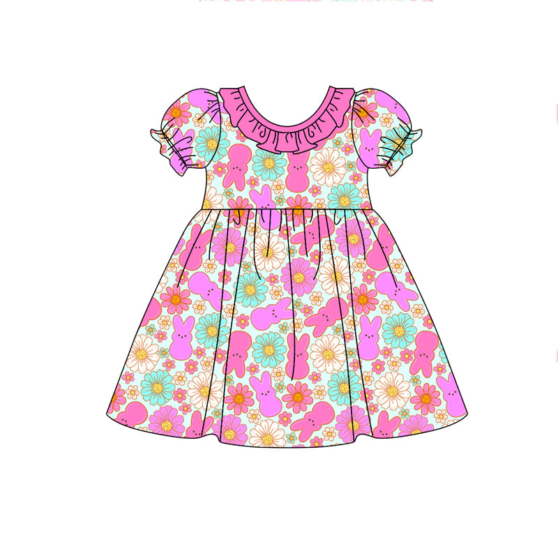 Baby Girls Easter Rabbits Flowers Pink Knee Length Dresses Preorder