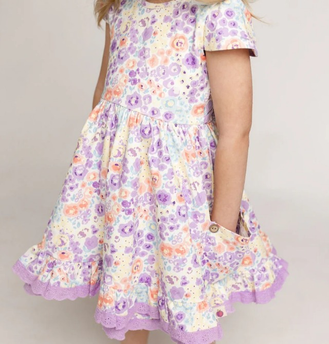 Baby Girls Spring Lavender Flowers Pockets Knee Length Dresses Preorder