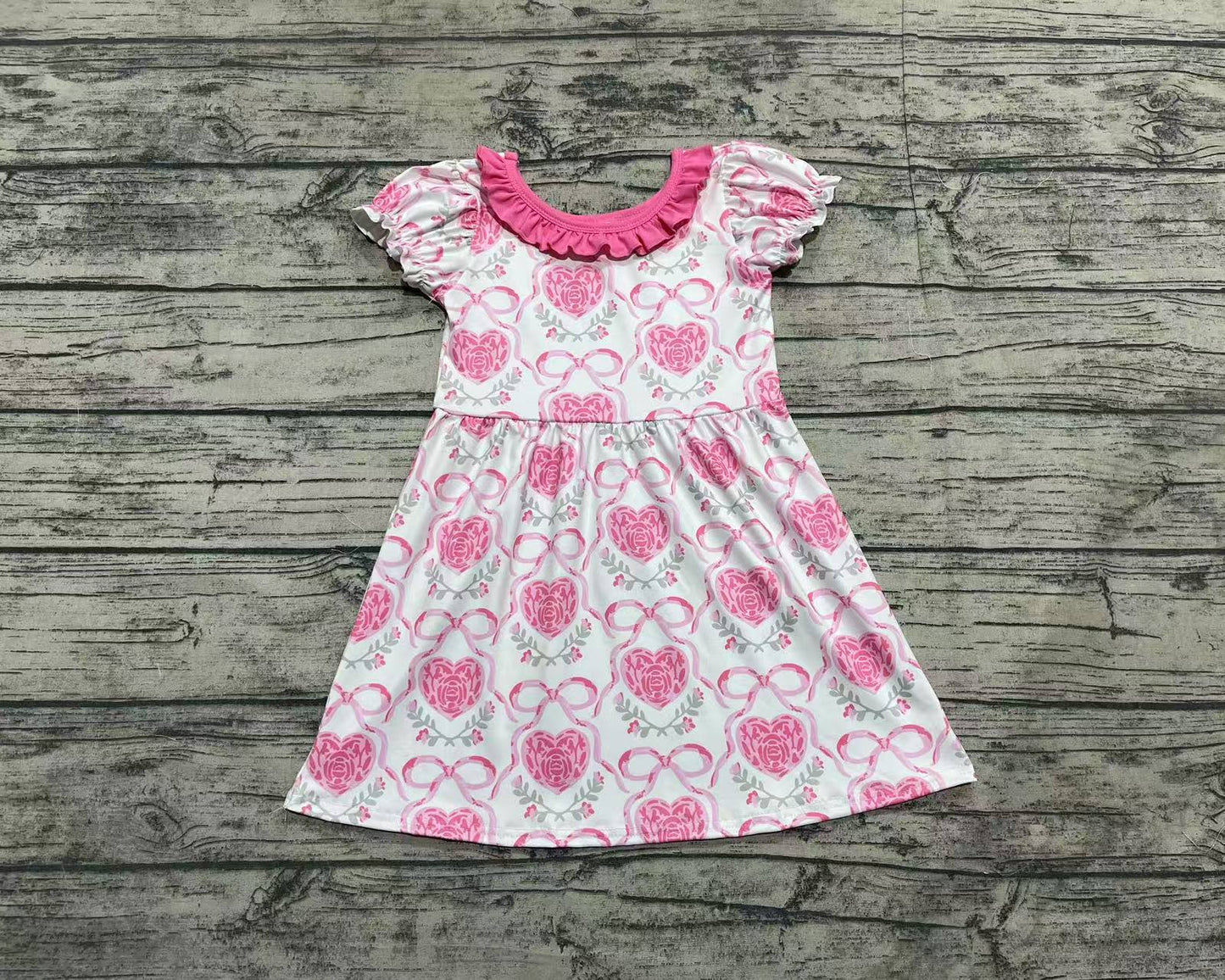 Baby Girls Pink Rose Flowers Bows Knee Length Dresses