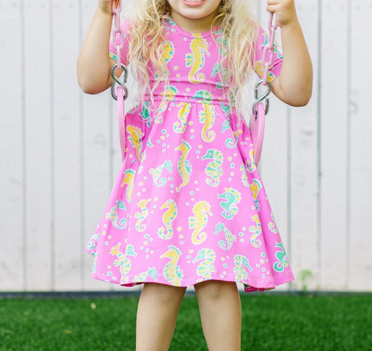 Baby Girls Pink Sea Horse Knee Length Dresses Preorder