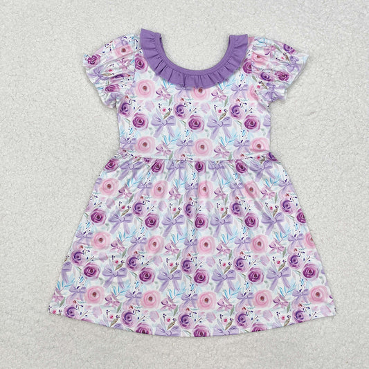Baby Girls Purple Flowers Bows Knee Length Dresses