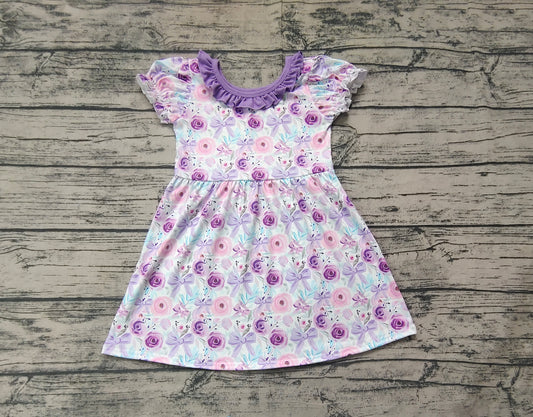 Baby Girls Purple  Flowers Bows Knee Length Dresses Preorder