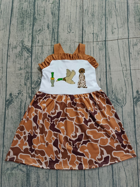 Embroidery Duck Dogs Camo Baby Girls Strap Hunting Knee Length Dress Preorder