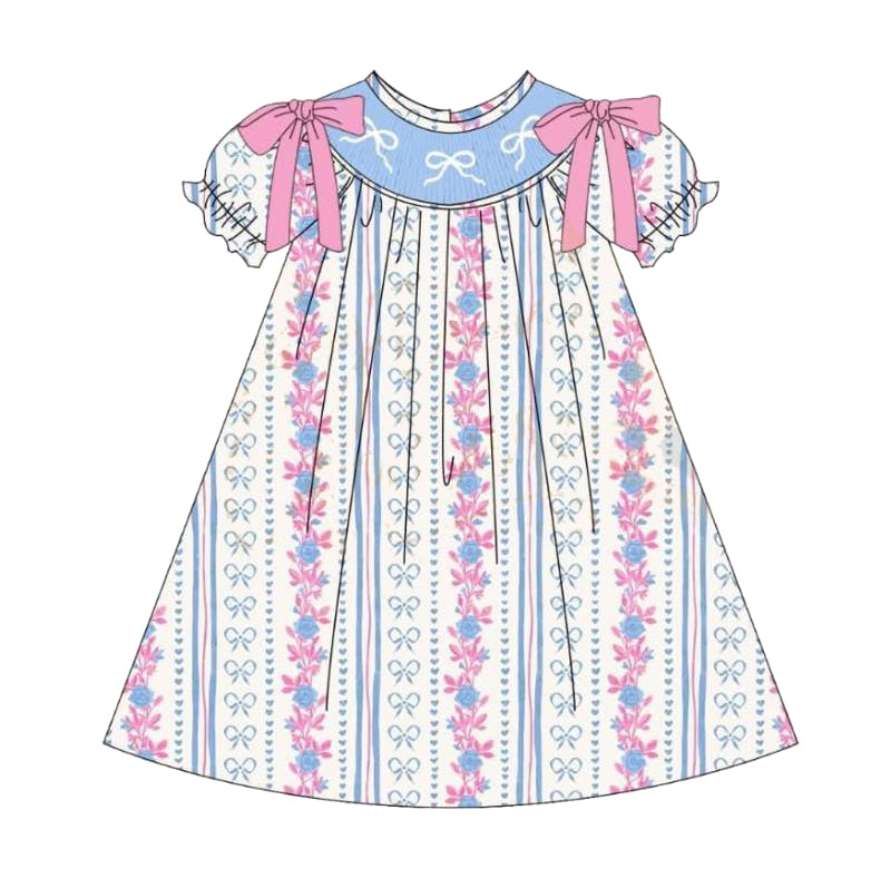 Baby Girls Blue Pink Bows Knee Length Dresses Preorder