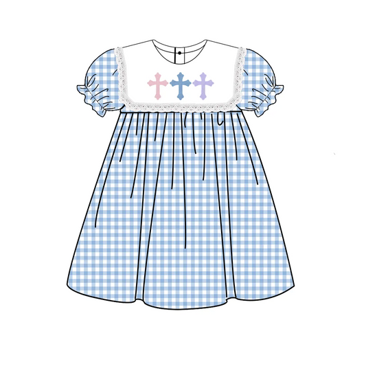 Baby Girls Easter Blue Checkered Cross Knee Length Dresses Preorder