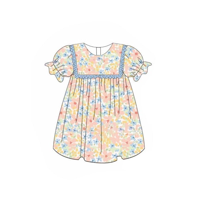 Baby Girls Pink Blue Flowers Knee Length Dresses Preorder